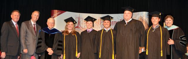 Students in 8-12, secondary education at Campbellsville University are from left: Front row -- Dr. Brenda Priddy, Terry Caven, Cody McNeal, Blake Milby, Chase Padgett and Hanna Williams with Dr. Robert VanEst, Dr. Michael V. Carter and Dr. Frank Cheatham at far right. (Campbellsville University Photo by Joan C. McKinney)