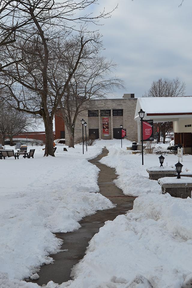 small path on sidewalk with snow around it