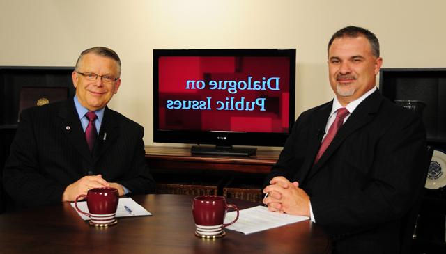 Campbellsville University’s John Chowning, vice president for church and external relations and executive assistant to the president of CU, right, interviews Kentucky Rep. John “Bam” Carney (R-Campbellsville), who represents Kentucky’s 51st House District of Taylor and Adair counties. The show will air Sunday, June 10 at 8 a.m.; Monday, June 11 at 1:30 p.m. and 6:30 p.m.; Tuesday, June 12 at 1:30 p.m. and 6:30 p.m.; Wednesday, June 13 at 1:30 p.m. and 6:30 p.m.; Thursday, June 14 at 8 p.m.; and Friday, June 15 at 8 p.m. The show is aired on Campbellsville’s cable channel 10 and is also aired on WLCU FM 88.7 at 8 a.m. Sunday, June 10. (Campbellsville University Photo by Christina L. Kern)