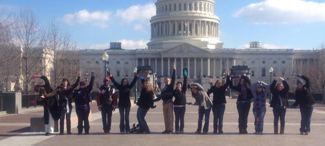 Campbellsville University Sociology Club students spell out "Campbellsville" in front of the nation's capital. The Sociology Club was one of two groups of students visiting Washington, D.C. for the presidential inauguration. (Photo submitted by Brandee Lassiter