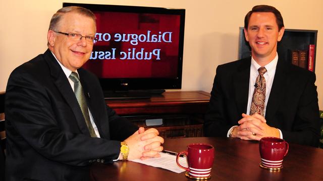 Campbellsville University’s John Chowning, vice president for church and external relations and executive assistant to the president of CU, right, interviews Dr. Paul Chitwood, executive director of the Kentucky Baptist Convention, during a “Dialogue on Public Issues” TV show on WLCU. The show will air Sunday, May 6 at 8 a.m.; Monday, May 7 at 1:30 p.m. and 6:30 p.m.; Tuesday, May 8 at 1:30 p.m. and 6:30 p.m.; Wednesday, May 9 at 1:30 p.m. and 6:30 p.m.; Thursday, May 10 at 8 p.m.; and Friday, May 11 at 8 p.m. The show is aired on Campbellsville’s cable channel 10 and is also aired on WLCU FM 88.7 at 8 a.m. Sunday, May 6. (Campbellsville University Photo by Sarah Ames)