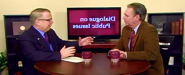 Campbellsville University’s John Chowning, vice president for church and external relations and executive assistant to the president of CU, right, interviews the former U.S. Congressman Ron Lewis on his “Dialogue on Public Issues” show. Lewis is a member of the CU Board of Trustees. The show will air Sunday, April 7 at 8 a.m.; Monday, April 8 at 1:30 p.m. and 6:30 p.m.; Tuesday, April 9 at 1:30 p.m. and 6:30 p.m.; Wednesday, April 10 at 1:30 p.m. and 6:30 p.m.; Thursday, April 11 at 8 p.m.; and Friday, April 12 at 8 p.m. The show is aired on Campbellsville’s cable channel 10 and is also aired on WLCU FM 88.7 at 8 a.m. Sunday, April 7.