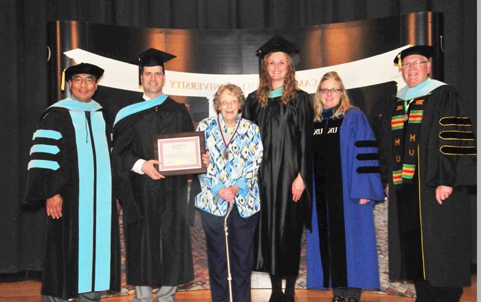 From left Keith Spears, vice president for graduate and professional studies and assistant to the president; Donna Hedgepath, vice president for academic affairs and professor of education; Andrea Giordano, executive director for ESL, TESL, MATESOL and instructor for ESL, TESL and MATESOL; Shirley Meece; Timothy Hooker, ESL program director and instructor in ESL and Mego Haralu, director of international education during the ESL completion ceremony at Campbellsville University. (Campbellsville University Photo by Tomomi Sato)