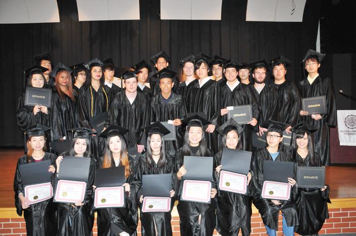 Students graduating from English as Second Language program at Campbellsville University include from left: back row – Yuanyu Jin of China; Shuhei Morita of Japan; Eduardo Hoepfner Maciel of Brazil; Weigeng Xu of China; Jesus Valdiviezo Di Gregorio of Venezuela; Guangi Zhao of China; Yuki Takeda of Japan; Meven Anglade of France; Hironori Yamada of Japan; Jhonbert Gonzalez of Venezuela; Shosuke Mori of Japan; Romain Chemitelin of France; Ryoma Inoue of Japan; Cannelle Acheron of France; Naoki Nakadate of Japan; Kathleen Raberson of Madagascar; Wenyue Gong of China; Nien-Yu Chuang of Taiwan. Front row – Ayaka Kobayashi of Japan;  Feng Zhang of China; Miyu Ikeoka of Japan; Yicheng Ma of China; Yaning Liu of China; Lan Cui of China; Hanxi Zhao of China; and Yuwen Wang of China.  (Campbellsville University Photo by Tomomi Sato)