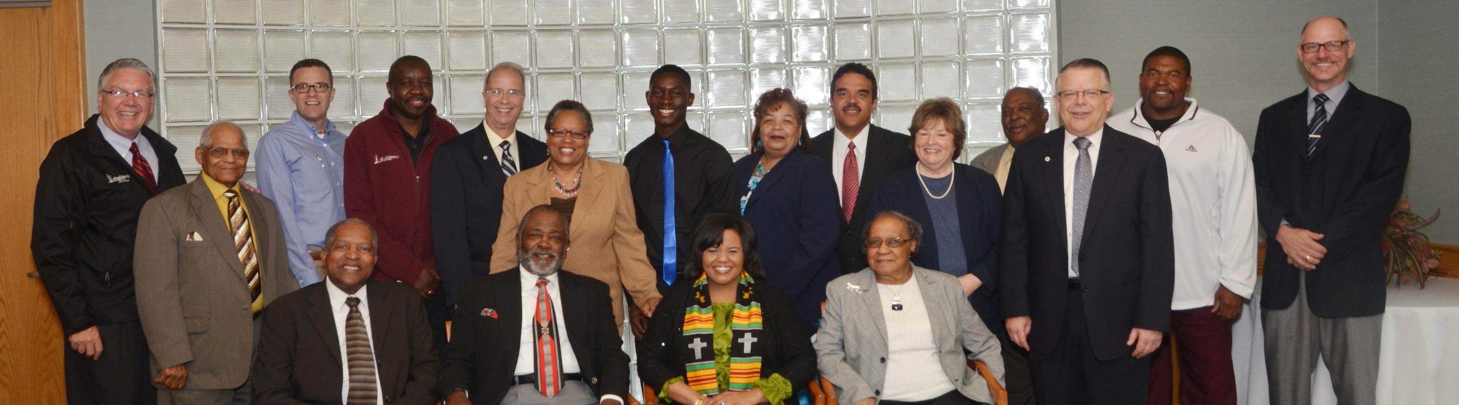 Members of Greater Campbellsville United joined the Campbellsville University Diversity Committee at a luncheon in honor of KET personality Renee Shaw Oct. 23 in the Chowning Executive Dining Room in the Winters Dining Hall after the annual Dialogue on Race chapel service. From left are: Front row – Jean Wickliffe, Shaw, the Rev. James Washington and the Rev. Michael Caldwell. Second row – John Chowning, vice president for church and external relations and executive assistant to the president; Linda Waggener, Minister Pam Buford, Wanda Washington and Sam Wickliffe. Back row – Dr. Roscoe Bowen, Perry Thomas, Jerry Cowherd, Terry Allen, William Pearson, Dr. Michael V. Carter, Dr. Japheth Jaoko, Ron McMahan and Dr. Keith Spears. (Campbellsville University Photo by Joan C. McKinney)