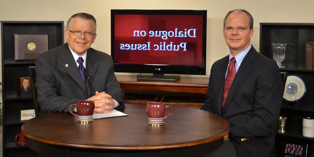 Campbellsville University’s John Chowning, vice president for church and external relations and executive assistant to the president of CU, right, interviews interviews U.S. Congressman Brett Guthrie, a Republican who represents Kentucky’s Second Congressional District. The show will air Sunday, May 13 at 8 a.m.; Monday, May 14 at 1:30 p.m. and 6:30 p.m.; Tuesday, May 15 at 1:30 p.m. and 6:30 p.m.; Wednesday, May 16 at 1:30 p.m. and 6:30 p.m.; Thursday, May 17 at 8 p.m.; and Friday, May 18 at 8 p.m. The show is aired on Campbellsville’s cable channel 10 and is also aired on WLCU FM 88.7 at 8 a.m. Sunday, May 13. (Campbellsville University Photo by Joan C. McKinney)