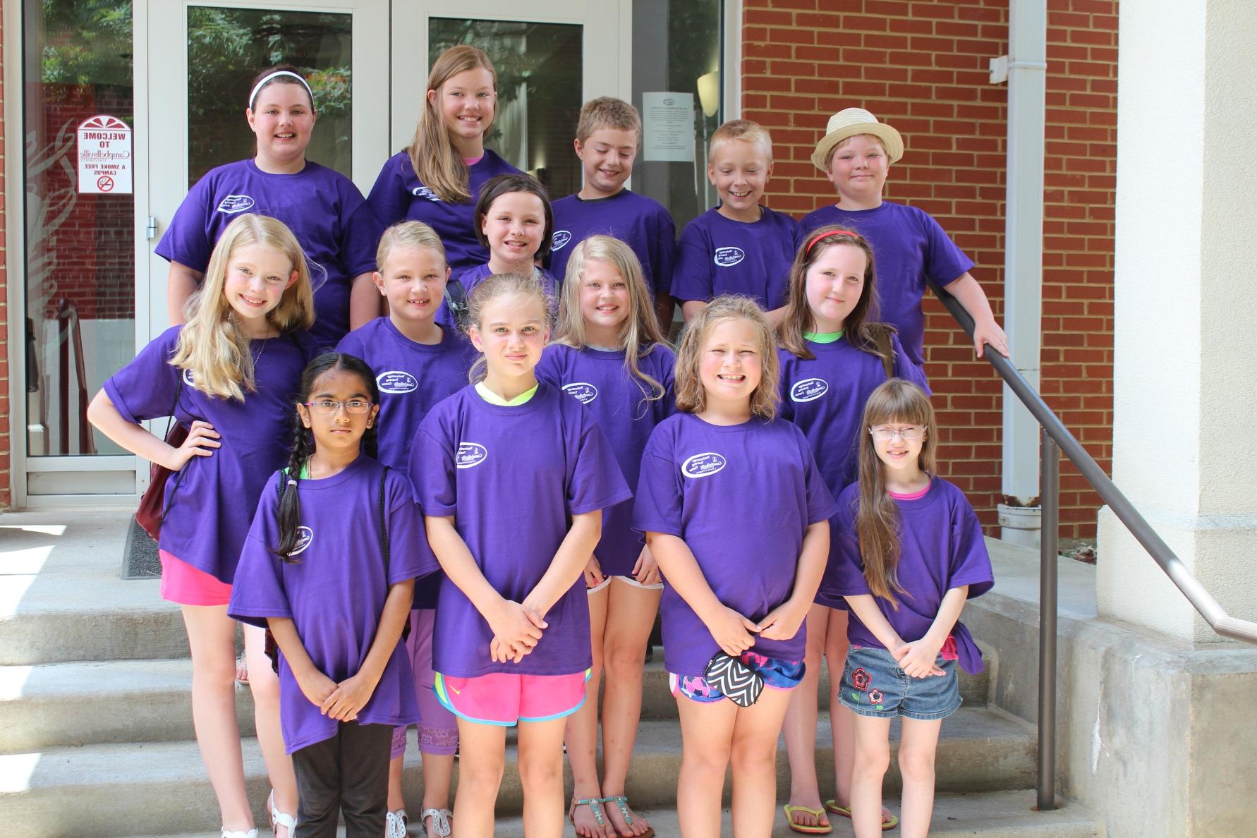 Students who participated in the Campbellsville University Kids College program include from left: Front row – Cailet Clark, Lacey Sexton, Meghan Squires and Maitry Dave. Middle row -- Haley Sparkman, Ashtyn Harmon, Riley Milby, Allie Judd and Whitney Frashure. Back row -- George Prebee, Kaine Murphy, Tyler Pogue, Gracie Pogue and Kate Judd. (Campbellsville University Photo by Carol Sullivan)