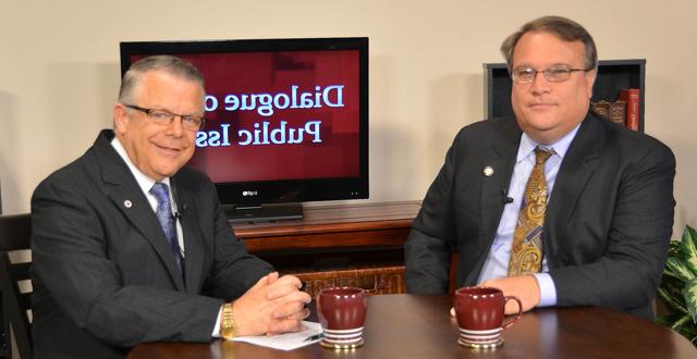 Campbellsville University’s John Chowning, vice president for church and external relations and executive assistant to the president of CU, right, interviews Ky. Senator Robert Stivers II (R-Manchester, Ky.), who is president of the Kentucky State Senate, for his “Dialogue on Public Issues” show. 