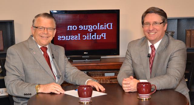 Campbellsville University’s John Chowning, vice president for church and external relations and executive assistant to the president of CU, right, interviews Dr. Dan Summerlin, president of the Kentucky Baptist Convention and pastor of Lone Oak Baptist Church in Paducah, Ky., for his “Dialogue on Public Issues” show. The show will air Sunday, Oct. 6 at 8 a.m.; Monday, Oct. 7 at 1:30 p.m. and 6:30 p.m.; and Wednesday, Oct. 9 at 1:30 p.m. and 6:30 p.m. The show is aired on Campbellsville’s cable channel 10 and is also aired on WLCU FM 88.7 at 8 a.m. and 6:30 p.m. Sunday, Oct. 6. (Campbellsville University Photo by Rachel DeCoursey)