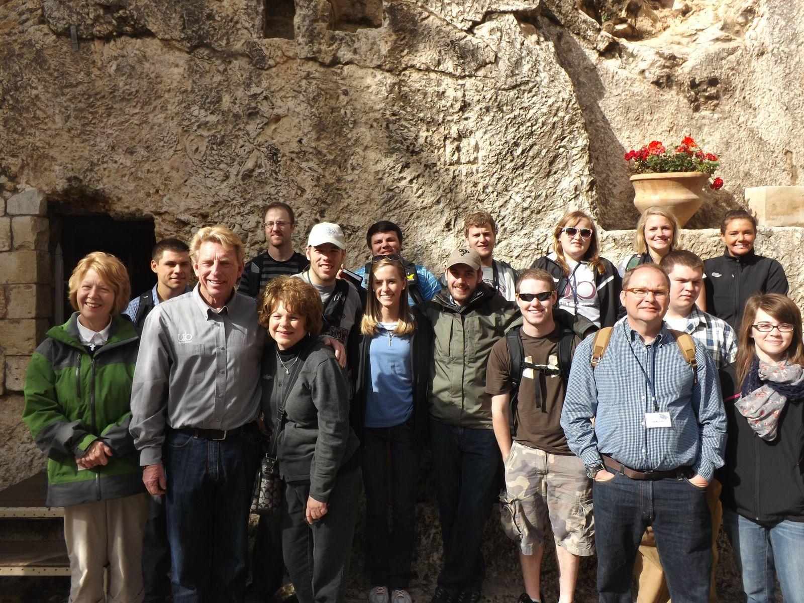 One of the most holy locations in Israel is Jesus’ tomb. From left - back row: Melissa Goble, Shelby Hicks, Marissa Rehmet, Joey Bomia, Hunter Durham-Smith and Andy Matthies. Middle row: Zach Gray, Kevin Rothacker, Mary Kate Young, Aron Neal and Dalton Hicks. Front row: Brittney Casey, David Wray, Adam Coleman, Sheri Taylor, Dr. Ted Taylor and Pam Hurtgen.