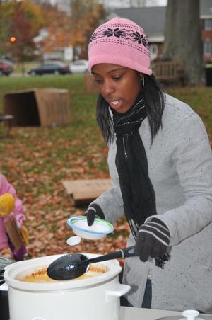 Monique Powell, a sophomore of Elizabethtown, Ky., goes through the soup line at CU's  Cardboard Nation. (Campbellsville University Photo by Ellie McKinley)