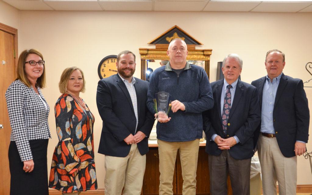 Campbellsville University has won the Kentucky Employers’ Mutual Insurance (KEMI) Destiny Award for the second year in a row. Receiving and presenting the award were from left: Christiaan Volkert, senior vice president with VanMeter Insurance; Otto Tennant, vice president for finance and administration at Campbellsville University; Terry VanMeter, director of personnel services at Campbellsville University; Eli Roberts, loss education and safety representative with KEMI; Lisa Ferguson, director of purchasing at Campbellsville University; and Cheryl Hoffer, senior underwriter with KEMI. (Campbellsville University Photo by Joshua Williams)